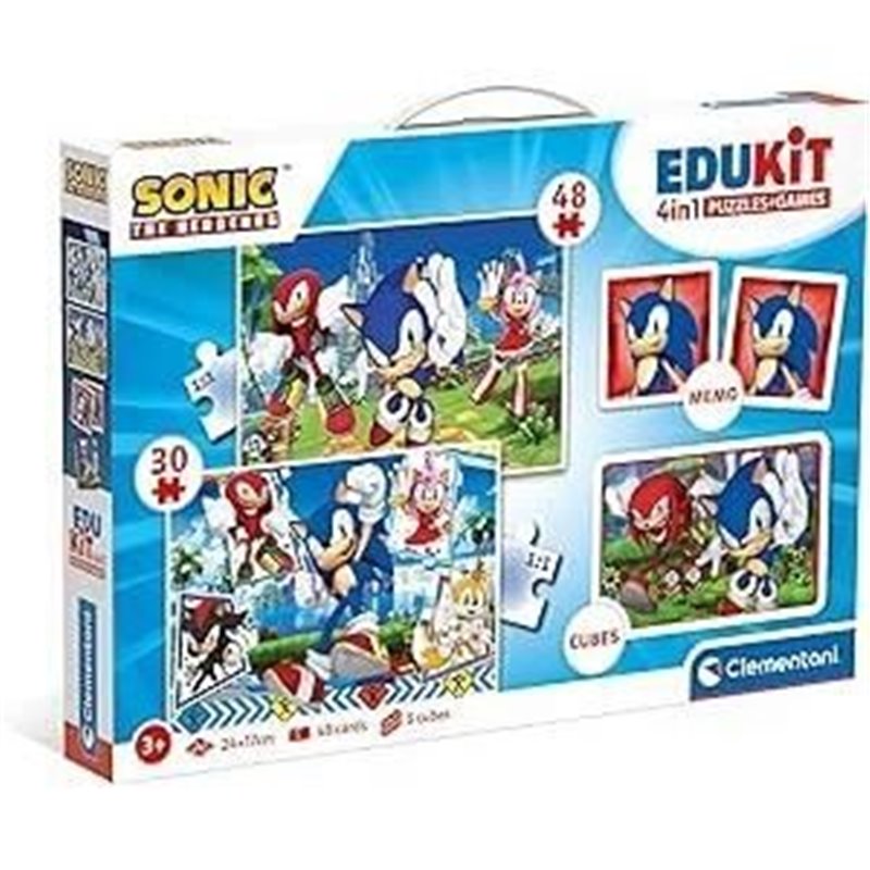 Clementoni - Edukit - Sonic - Coffret apprentissage 4 en 1 - 2 puzzles, 1 mémo, 1 jeu de 6 cubes - Fabriqué en Italie -D