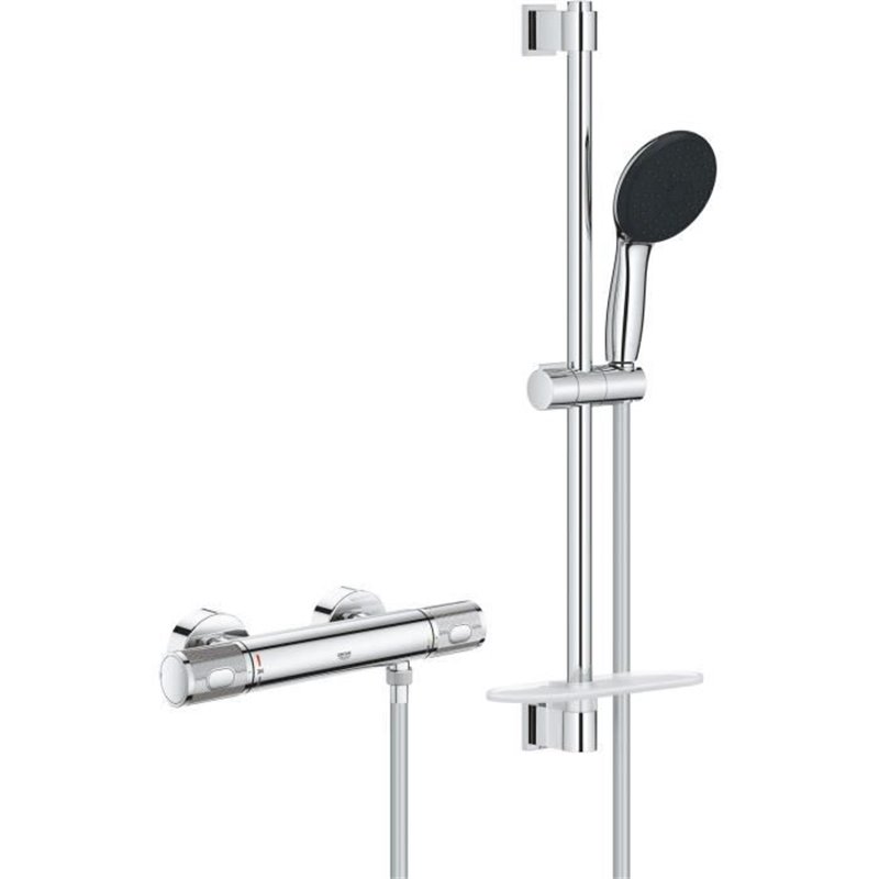 Ensemble de douche avec mitigeur thermostatique, pommeau 3 jets, barre 60cm et flexible - GROHE 34791001 - Economie d'ea