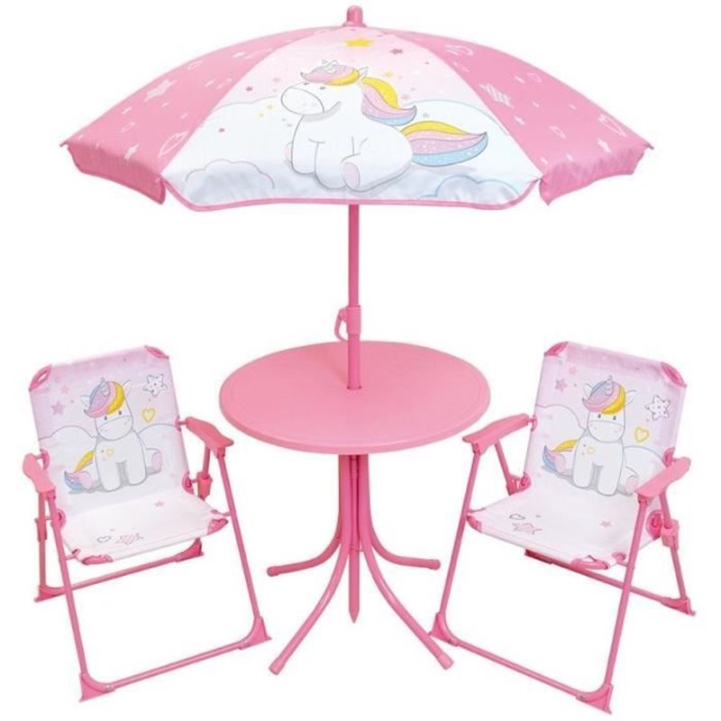 Mobilier de jardin - FUN HOUSE - Salon de jardin Licorne : Table H.46 x 46 cm, 2 chaises pliantes, parasol H.125 x100 c