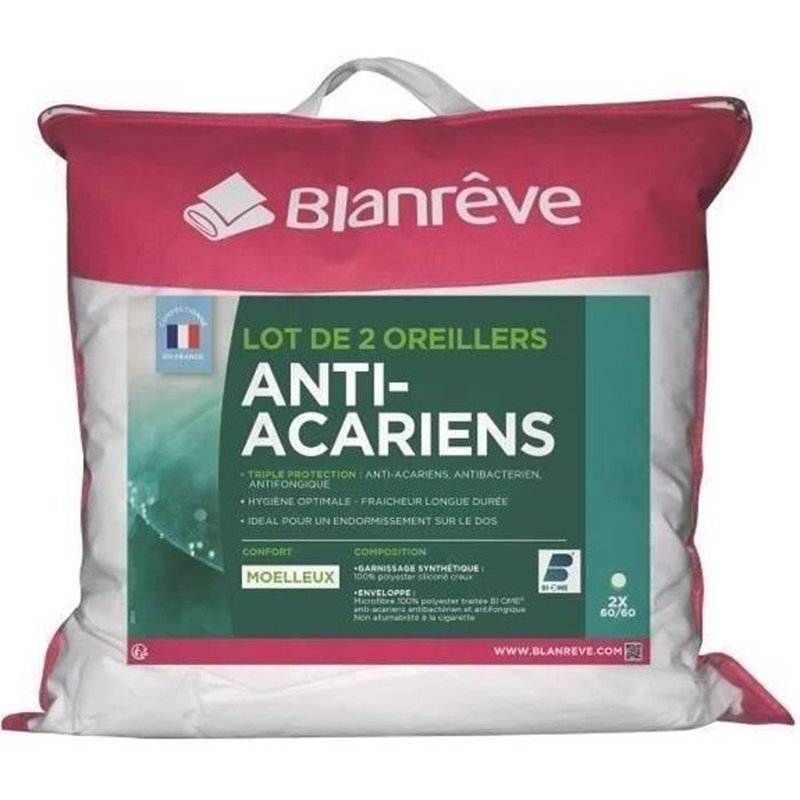 Blanreve Lot de 2 Oreillers Triple Protection - 60 x 60 cm - Blanc