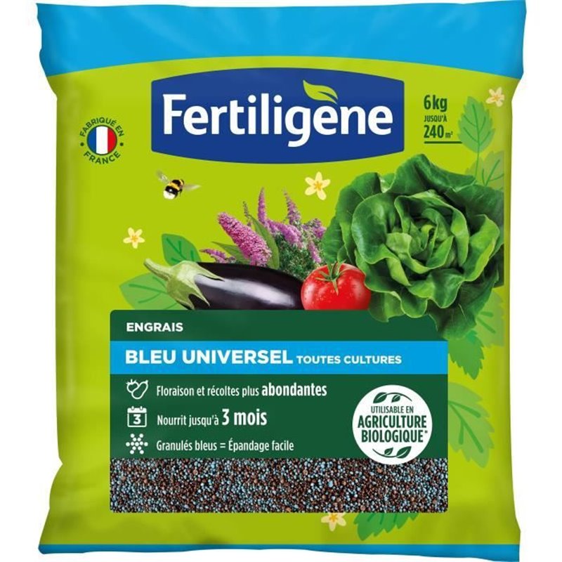 Fertiligene FBLEUBIO6 - Engrais Bleu Universel 6 kg - Floraison et récoltes abondantes - Nourrit jusqu'a 3 mois - Pour 2