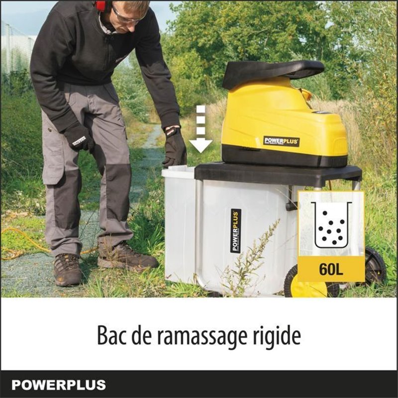 Image secondaire de Powerplus Broyeur de Végétaux Électrique POWXG6462 - 2800 W, Max. Ø45 mm, Poussoir, Roues et Sac de Ramassage de 60 l In