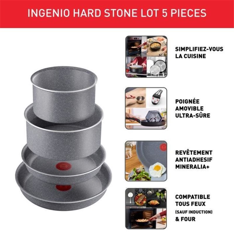 Image secondaire de Tefal INGENIO Hard Stone Lot 5 pieces, Poeles 22/26 cm, Casseroles 16/20 cm, Poignée amovible, Non induction, Antiadhési