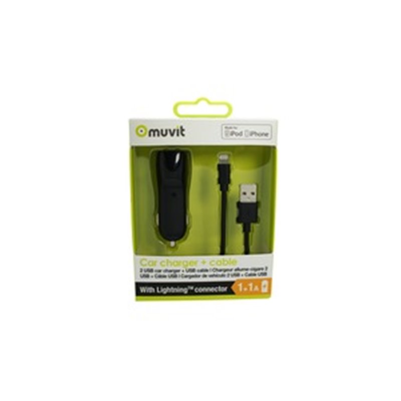 Spring Pack Chargeur Voiture 2USB+Câble 2A USB/Lightning 1M Noir