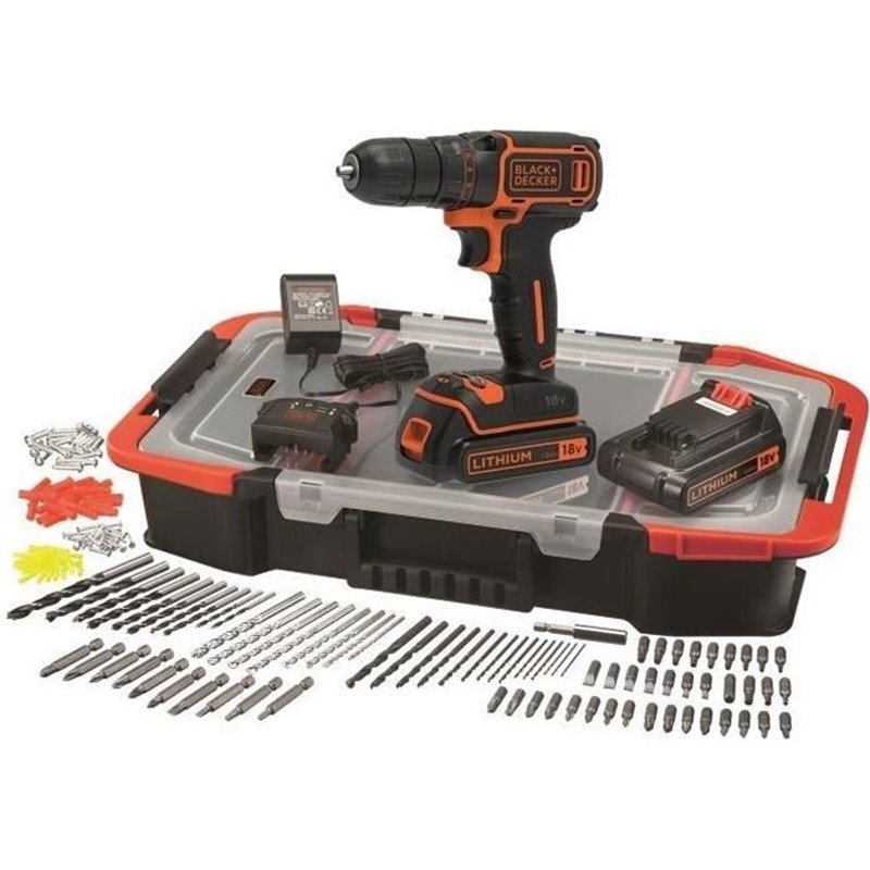 Black+Decker Perceuse Visseuse Sans Fil 18 V Li-Ion avec Chargeur BDCDC18BAST-QW avec 160 Accessoires, 2 Batteries 1,5 A