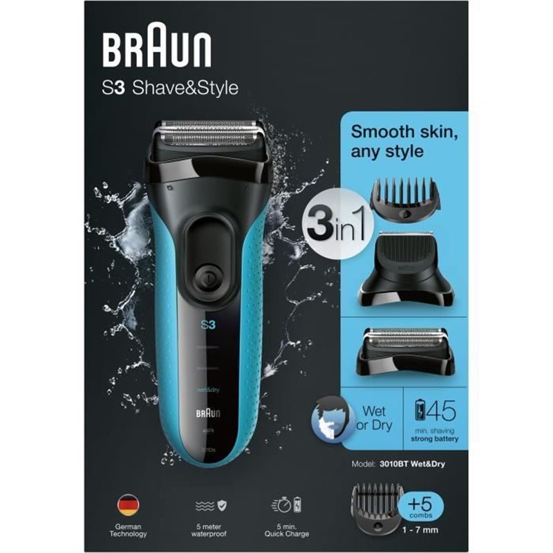 Image secondaire de Rasoir électrique barbe homme - Braun - Series 3 Shave & Style 3010BT - Technologie Wet & Dry - Noir / Bleu