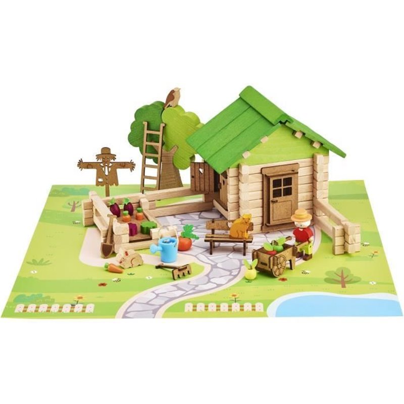 Image secondaire de Maison et Jardin 135 Pieces - JEUJURA - Jeu de Construction en Bois Naturel, Tapis et Accessoires Inclus, 32x27x11 cm