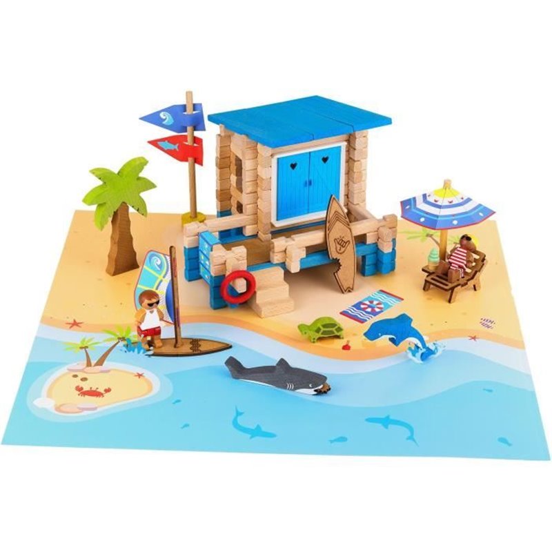 Image secondaire de Journée a la Plage 120 Pieces - JEUJURA - Jeu de Construction en Bois Naturel, Tapis et Accessoires Inclus, 32x27x11 cm