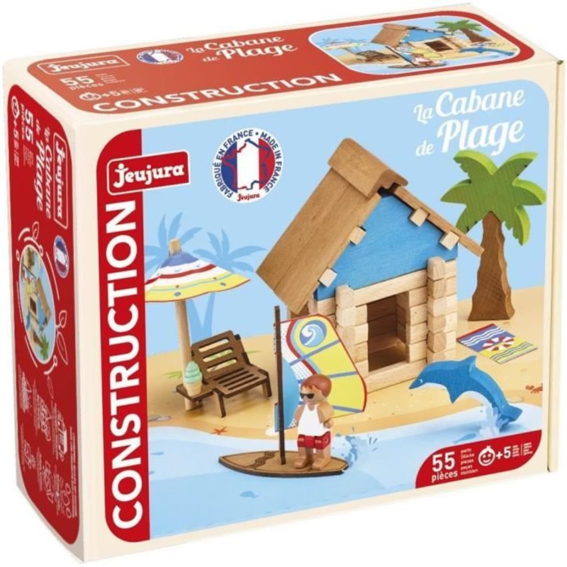 La Cabane de Plage 55 Pieces - JEUJURA - Jeu de Construction en Bois Naturel, Tapis et Accessoires Inclus, 22x18,5x8,5 c