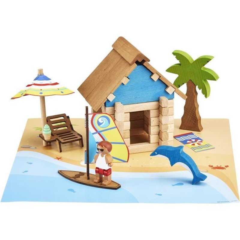 Image secondaire de La Cabane de Plage 55 Pieces - JEUJURA - Jeu de Construction en Bois Naturel, Tapis et Accessoires Inclus, 22x18,5x8,5 c