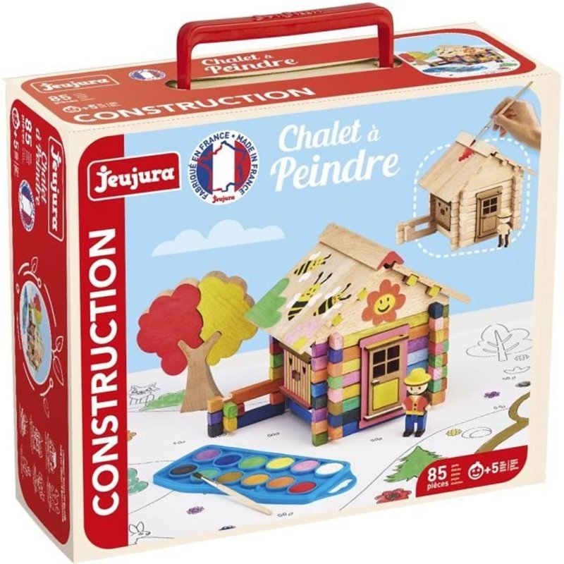 Chalet a Peindre 85 Pieces - JEUJURA - Jeu de Construction en Bois Naturel, Accessoires et Peinture Inclus, 26x24x9 cm