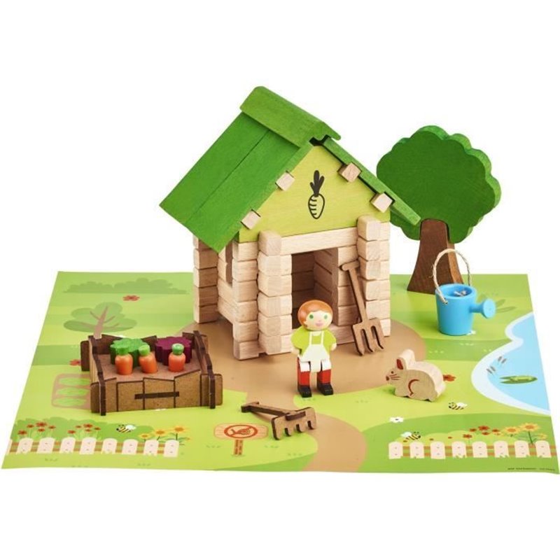 Image secondaire de La Cabane du Jardinier 60 Pieces - JEUJURA - Jeu de Construction en Bois Naturel, Tapis et Accessoires Inclus, 22x18,5x8