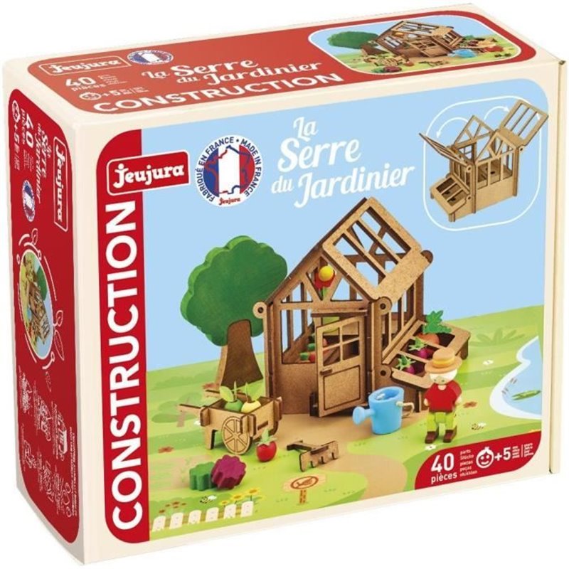 La Serre du Jardinier 40 Pieces - JEUJURA - Jeu de Construction en Bois Naturel, Tapis et Accessoires Inclus, 22x18,5x8,