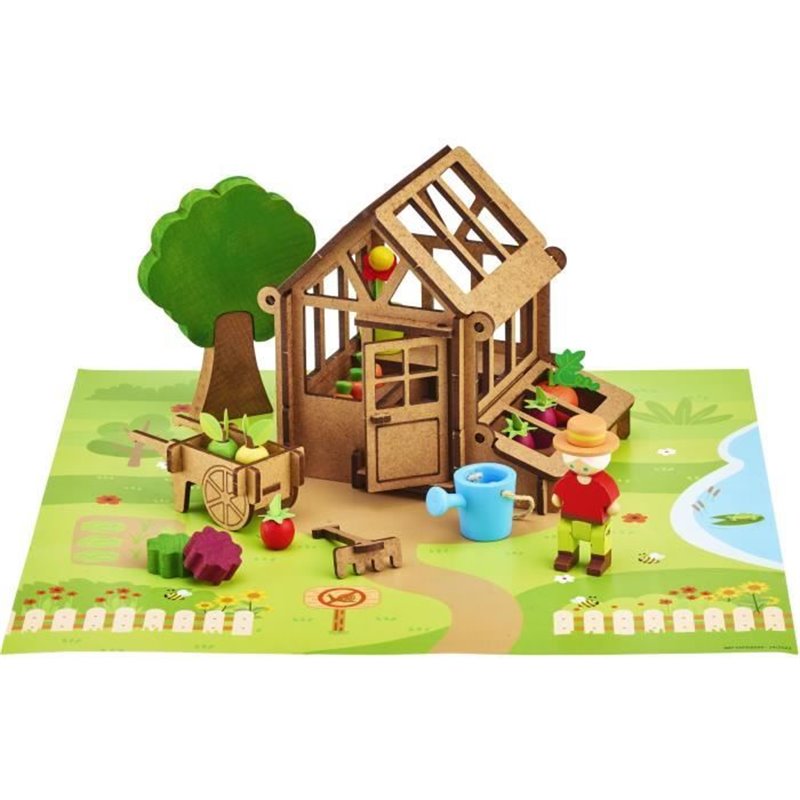 Image secondaire de La Serre du Jardinier 40 Pieces - JEUJURA - Jeu de Construction en Bois Naturel, Tapis et Accessoires Inclus, 22x18,5x8,