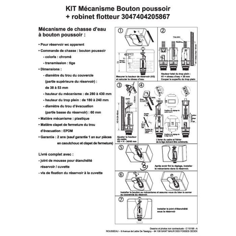 Image secondaire de Mécanisme chasse d'eau ajustable ROUSSEAU avec robinet flotteur pour réservoir WC apparent et encastré