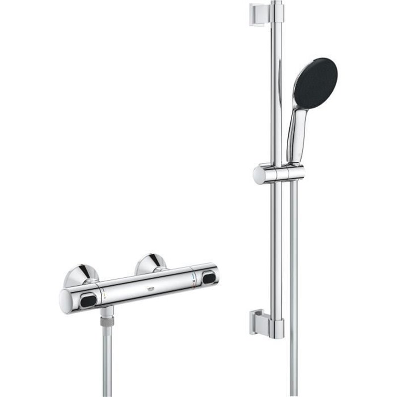 Ensemble de douche avec mitigeur thermostatique, pommeau 1 jet, barre 60cm et flexible - GROHE 34800001 - Economie d'eau