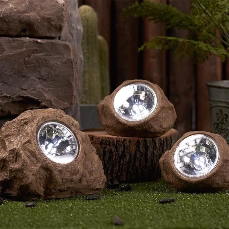 Image secondaire de Lot de 3 rochers solaires de jardin a poser - LUMISKY - ROCKY BROWN - 14 et 9 cm - Balisage - LED blanc