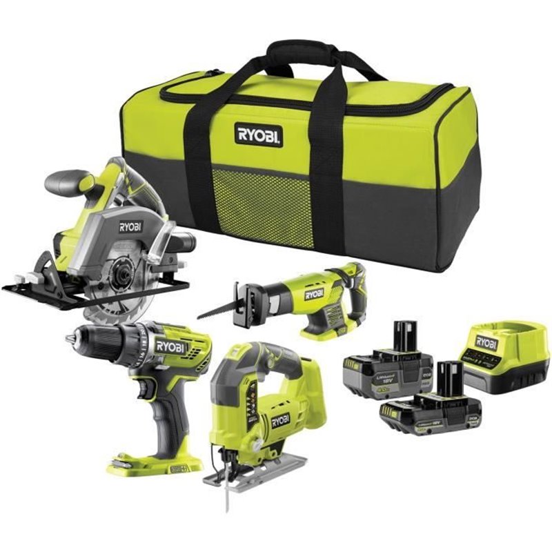 Ryobi 4 outils : 1 perceuse-visseuse + scies (sauteuse, circulaire & sabre) + 2 batteries 4 Ah & 2Ah + 1 chargeur & sac 