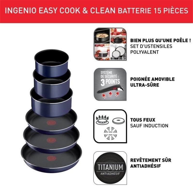 Image secondaire de Tefal INGENIO Easy Cook & Clean Lot 15 pieces, Poele, Casserole, Non induction, Revetement antiadhésif, Fabriqué en Fran