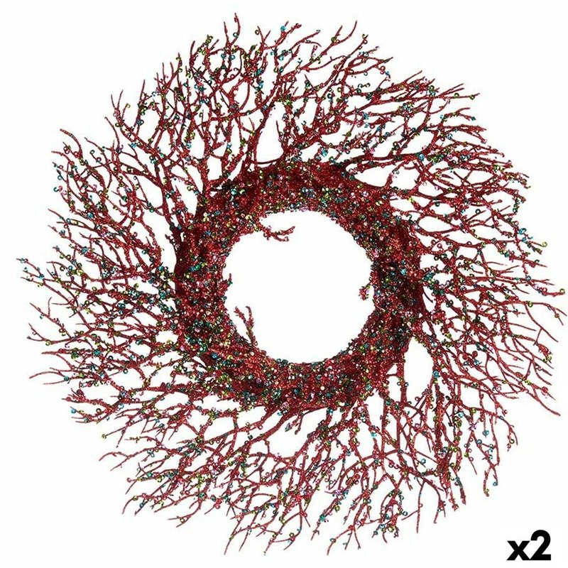 Couronne de Noël Branche Rouge Plastique 50 x 10 x 50 cm (2 Unités)