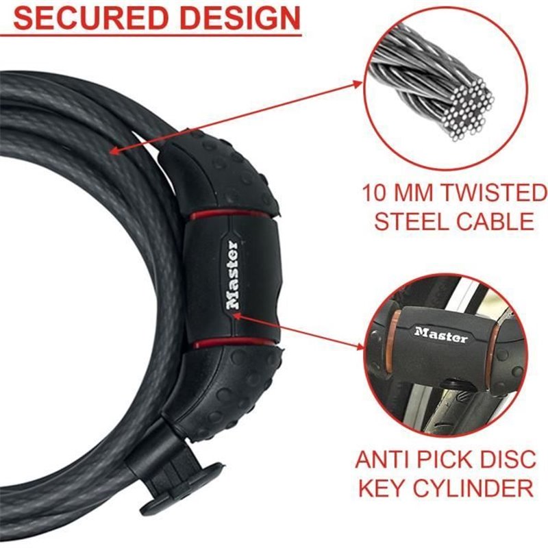 Image secondaire de Master Lock Câble Antivol Vélo [1,8 m Câble] [Clé] [Extérieur] [Support Fixation Vélo] 8130EURDPRO