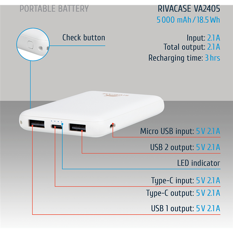 Image secondaire de Powerbank USB A/USB C/ Micro USB 5000mAh Blanc Rivacase