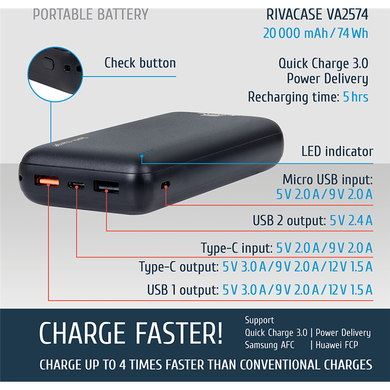 Image secondaire de Powerbank USB A/USB C/ Micro USB 20000mAh Noire Rivacase