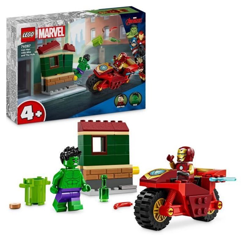 LEGO Marvel 76287 Iron Man avec une Moto et Hulk, Set Avengers avec Minifigurines