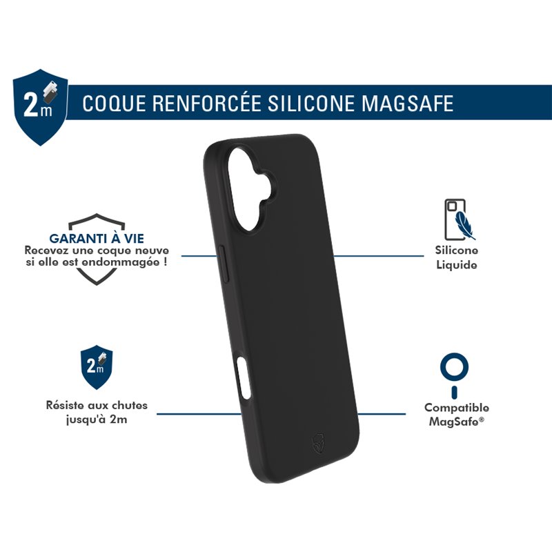 Image secondaire de Coque Renforcée iPhone 16 Silicone Compatible MagSafe Noire - Garantie à vie Force Case