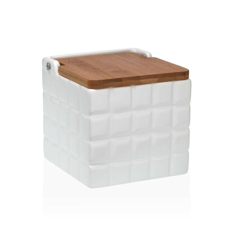 Salière avec couvercle Versa Carreaux Blanc Céramique Bambou Dolomite 11 x 11 x 11 cm