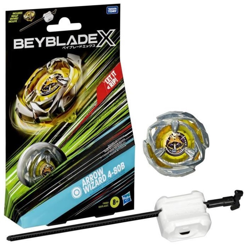 Beyblade X, Starter Pack Arrow Wizard 4-80B avec toupie de compétition a rotation droite de type endurance et lanceur, a