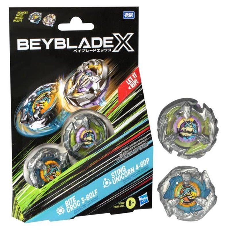 Beyblade X Dual Pack Bite Croc 3-60LF et Sting Unicorn 4-60P, 2 toupies de compétition à rotation droite, Dès 8 ans