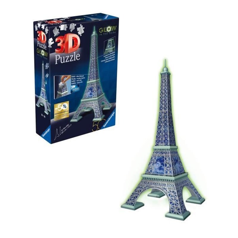 Ravensburger-Puzzle 3D Tour Eiffel phosphorescente 50 ans-Des 10 ans-216p numérotées a assembler sans colle-Accessoires 