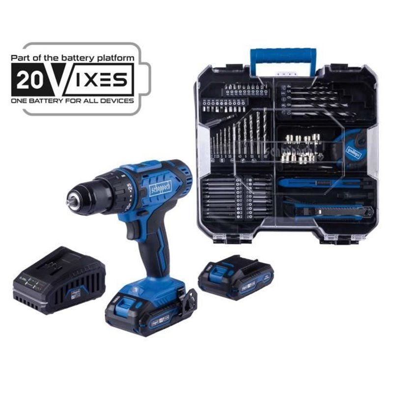 Perceuse-visseuse SCHEPPACH - 20V IXES - 50 Nm mandrin 13mm + 2 batteries + chargeur + 74 accessoires + Coffret - C-DTB7