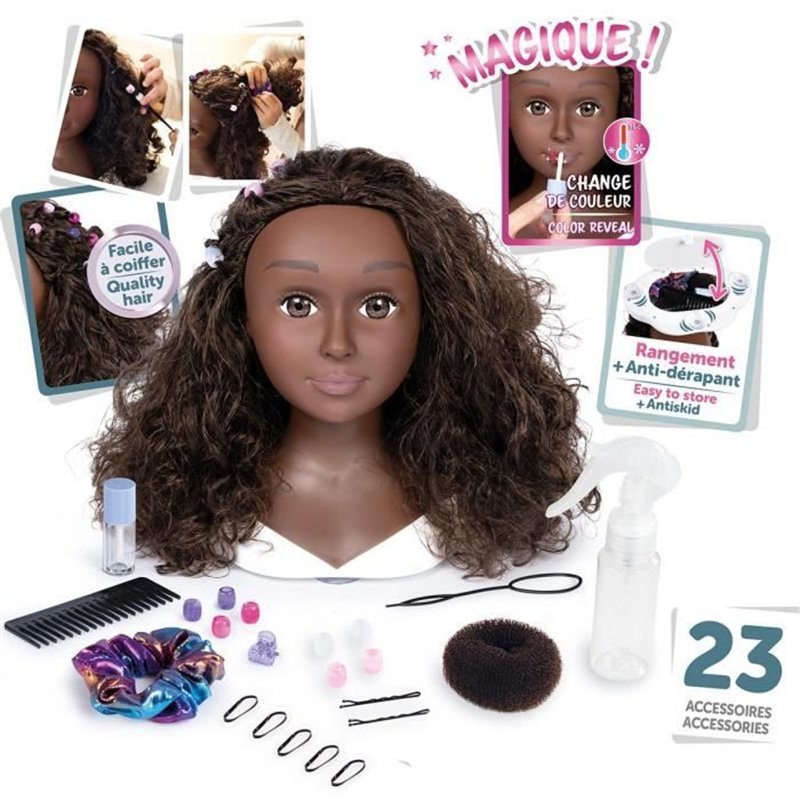 Smoby - Tête à coiffer cheveux afro - Facile à coiffer - 23 accessoires réalistes - Lèvres thermosensibles - Trappe de rangement