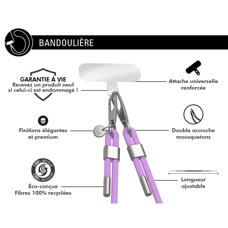 Image secondaire de Bandoulière téléphone Universelle Cordon Violette détails argentés - Garantie à vie Force Case