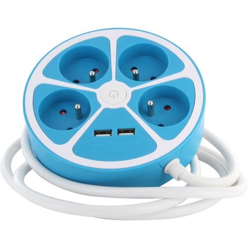 Multiprise design circulaire - CHACON - 4X16 A - Cordon 1,5 m - Avec 2 USB-A + Interrupteur - Bleu