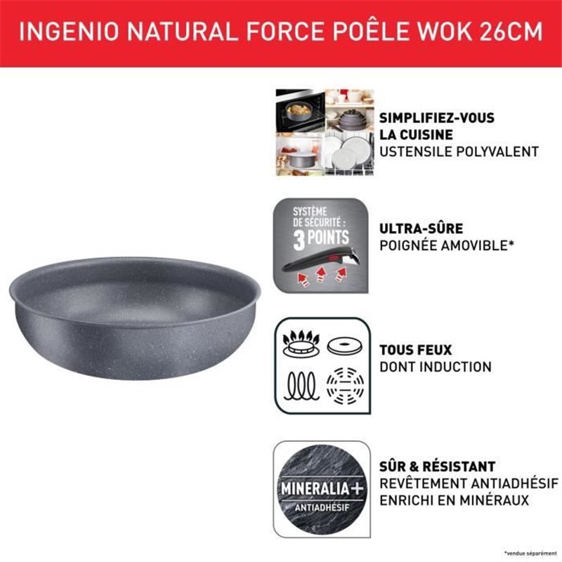 Image secondaire de TEFAL INGENIO Natural Force Wok 26 cm, Induction, Antiadhésif, Empilable, Compatible lave-vaisselle, Fabriqué en France L3967702