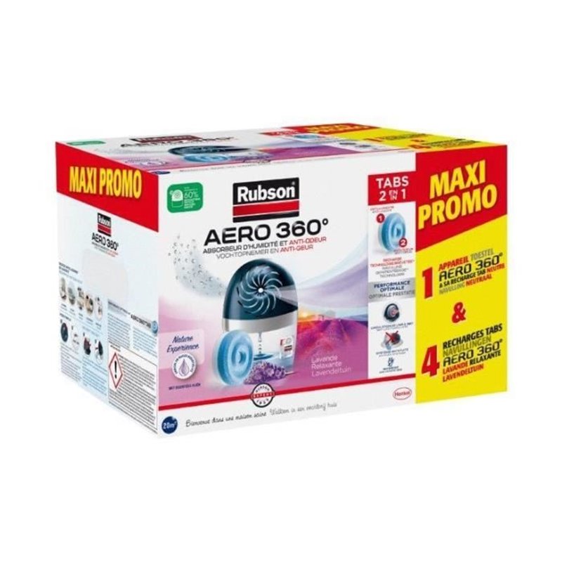 Absorbeur d'humidité - RUBSON - MAXI PROMO - 4 recharges Lavande + 1 appareil Aéro 360° 20 m²