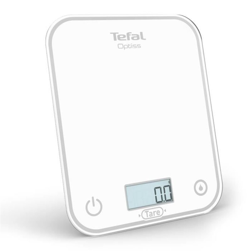 Tefal Optiss Balance de cuisine électronique, Écran rétroéclairé, Résistance aux rayures, Capacité de 5 kg, Blanc BC50U0V0