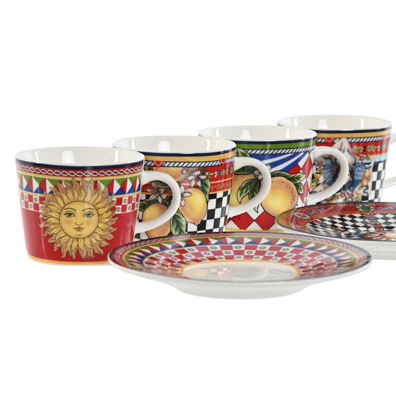 Image secondaire de Lot de tasses avec soucoupes Home ESPRIT Jaune Rouge Porcelaine 12,5 x 12,5 x 1,5 cm (4 Unités)