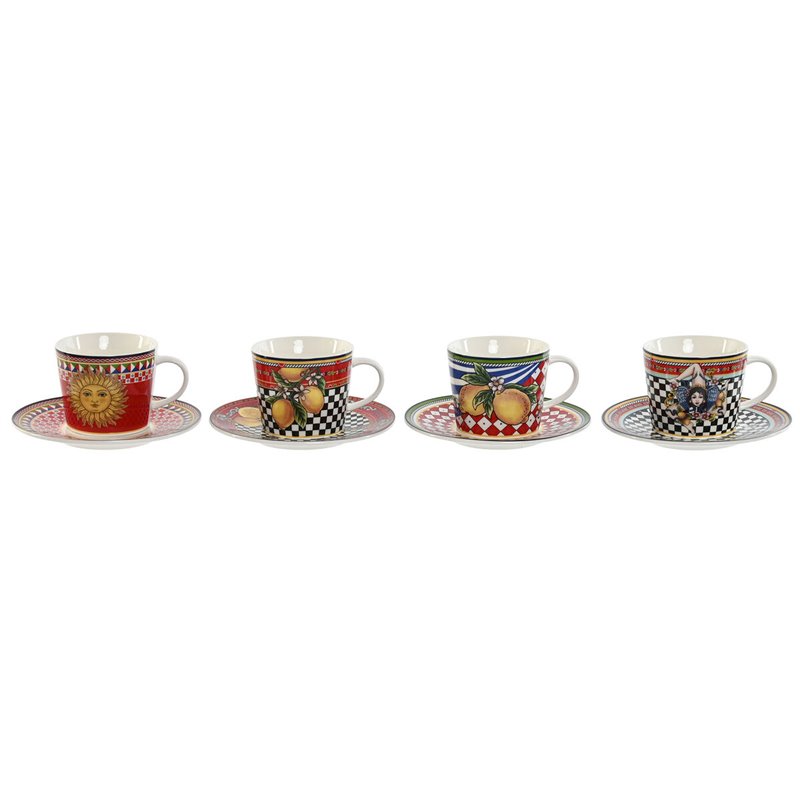 Lot de tasses avec soucoupes Home ESPRIT Jaune Rouge Porcelaine 220 ml 15,6 x 15,6 x 1,7 cm (4 Unités)