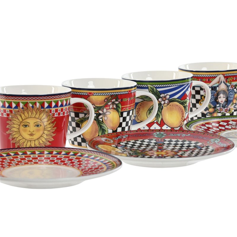 Image secondaire de Lot de tasses avec soucoupes Home ESPRIT Jaune Rouge Porcelaine 220 ml 15,6 x 15,6 x 1,7 cm (4 Unités)