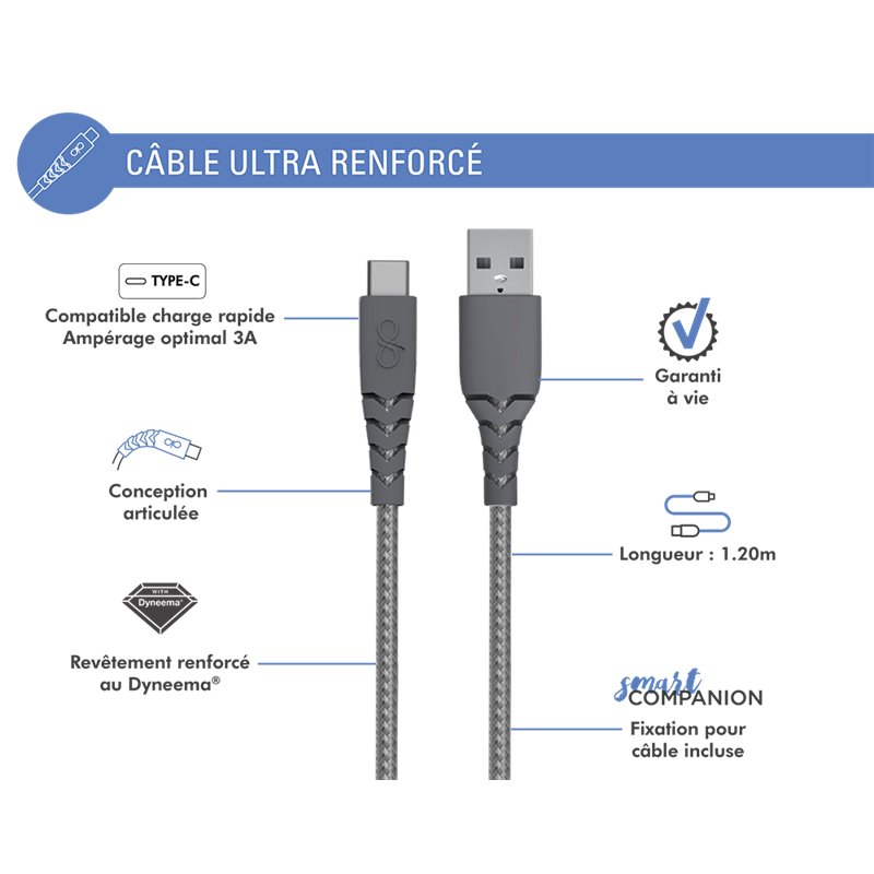 Image secondaire de Câble Ultra-renforcé USB A/USB C 1,2m 3A Gris - Garanti à vie Force Power