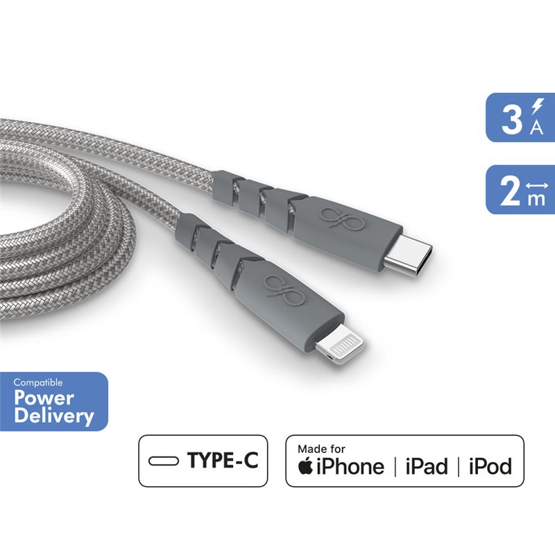 Câble Ultra-renforcé USB C/Lightning 2m 3A Gris - Garanti à vie - 100% Plastique recyclé Force Power