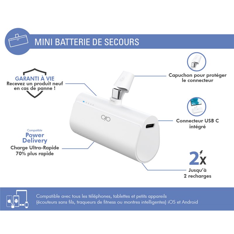 Image secondaire de Powerbank 5000mAh Power Delivery Connecteur intégré Blanc - Garanti à vie Force Power Lite