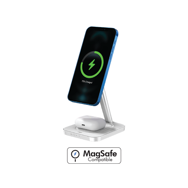 Station de charge sans fil 15W Qi Stand 2 zones Smartphone + Truewireless + Port de charge USB C + Chargeur Blanc + Garantie à vie