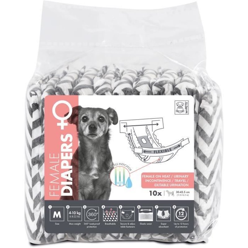 Couches pour chien - M PETS - DIAPERS - Femelle M x10 - Tour de taille 30-42,5 cm - 4-10 kg - Indicateur d'humidité - 12h protec