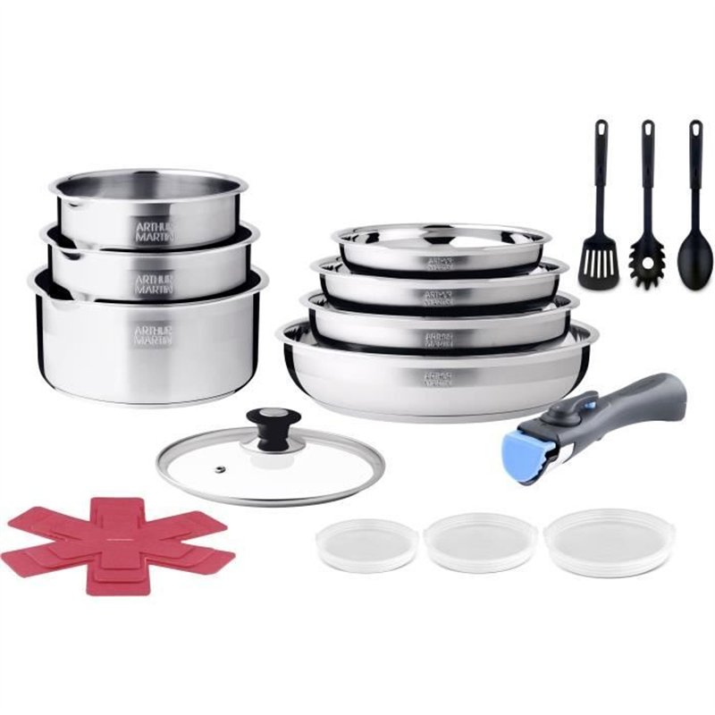 Batterie de cuisine induction - ARTHUR MARTIN - AM0566 - 18 pieces - Poignée amovible - Tous feux dont induction - Acier inoxyda