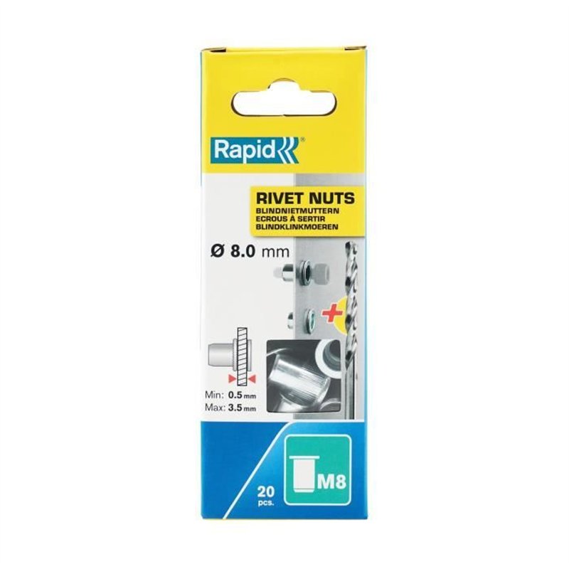 Image secondaire de Ecrous a sertir pour vis Ø8mm - RAPID - M8 - Boite de 20 + foret